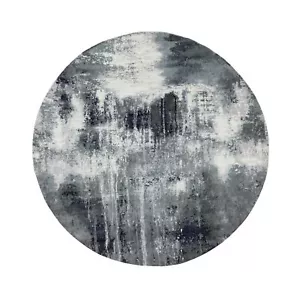 8'x8' Charcoal Black Abstract Design Wool and Silk Hand Knotted Round Rug R58573 - Picture 1 of 11