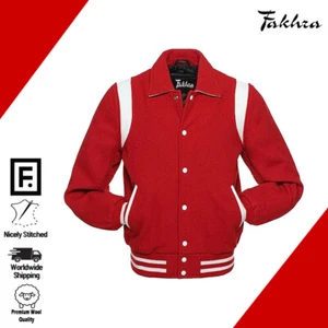 Letterman Varsity Bomber Red Wool Body White Leather Strip jacket Man Jackets - Picture 1 of 4