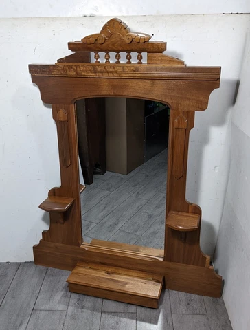 Antique Victorian Eastlake Carved Solid Wood Wall Mirror with Candle Shelf Cover