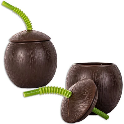 2 Pack Luau Coconut Shape Resuable 18 oz. Party Cups w Straw, Brown - Image 1 of 4
