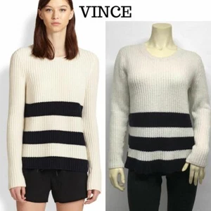 VINCE Wool CASHMERE Cream NAVY STRIPED Ribbed SWEATER Top SOFT FUZZY COZY L $365 - Picture 1 of 1
