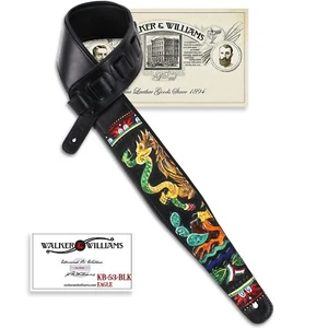 Walker & Williams KB-53-BLK Black Strap w/Aztec Design On Black Carved Leather - Picture 1 of 11