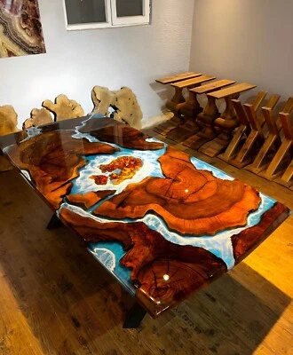 Ocean Epoxy Resin Dining Table – Customizable Walnut Wood with Blue Epoxy Design - Image 1 of 4