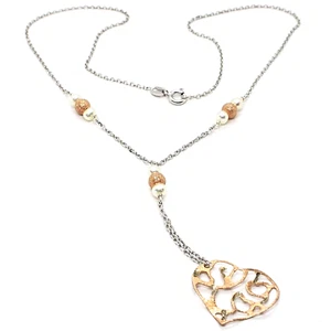 COLLANA ARGENTO 925 PERLE BIANCHE CUORE ROSA PENDENTE LAVORATO SATINATO ONDULATO - Foto 1 di 7