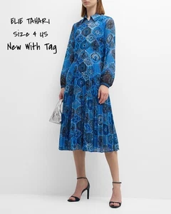 Elie Tahari Plissee Blumendruck Midi Shirtkleid Blau Größe 4 Neu Mit Etikett - Bild 1 von 6