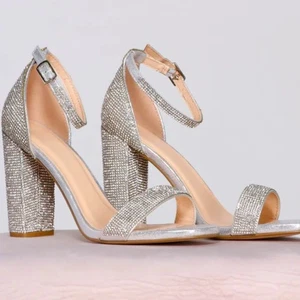 Michael by Michael Shannon Women’s Elegant Crystal Encrusted Silver Block Heels - Picture 1 of 5