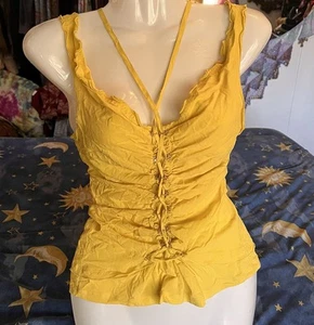 S Vtg Roberto Cavalli Sleeveless Lace Up Tank Top Blouse Yellow Ruffle Ruched - Picture 1 of 17