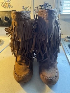 Rampage Bree Boots Girl Sz 13 Non Marking Brown Faux Suede 2 Tier Fringe - Picture 1 of 12