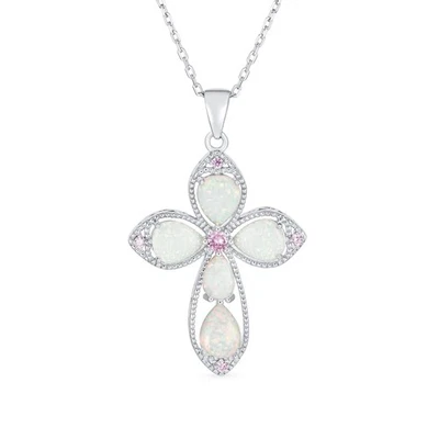 Antique Vintage Style Pink CZ Opal Cross Pendant Necklace in Sterling Silver - Image 1 of 4