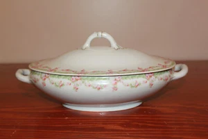 Antique Austria Porcelain Covered Serving Dish – Pink Rose Garland – Crown Mark - Picture 1 of 9