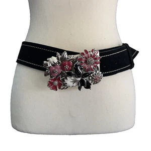 BANANA REPUBLIC Black Suede Leather Belt Heavy Floral Buckle Sz L Italy - Picture 1 of 13