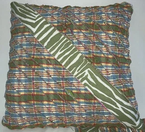Pillow Cover, Set Of 2, Green Zebra Pattern, Multi Color Plaid Bias Cut Ruffles - Picture 1 of 6