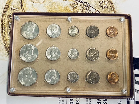 1954-SILVER U.S. COIN MINT SET~PDS~UNCIRCULATED ~BU~15 Pc Original Plastic / Box Cover