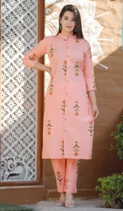 India Pakistani Peach Straight Kurta and Pant Casual Women's Set - Picture 1 of 4