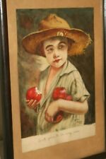 Peinture du début du XXe siècle signée 1920 chapeau de paille enfant pomme SP dédicacée