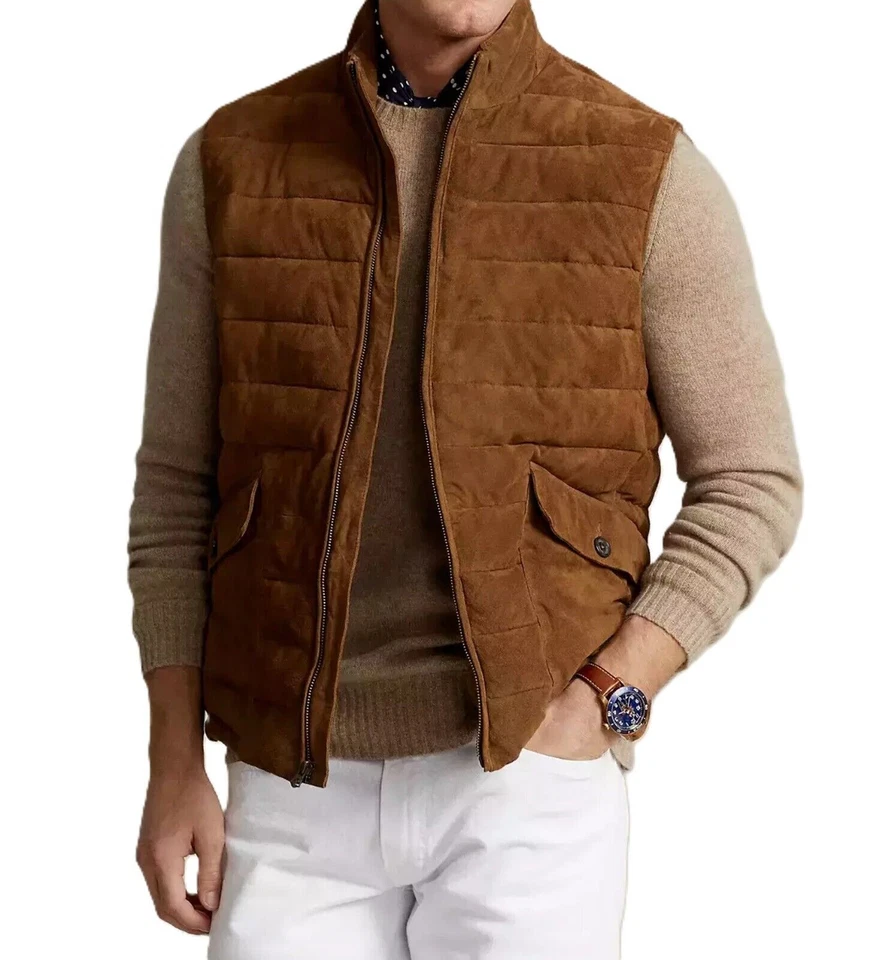 Gilet matelassé matelassé en cuir daim marron pour hommes veste zippée en... - Photo 1/4