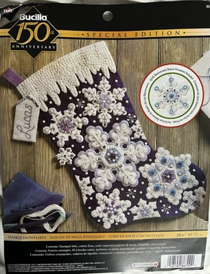 Bucilla Sparkle Snowflakes Stocking Felt Sequin Applique Kit 18in 86709 Started - Image 1 of 4