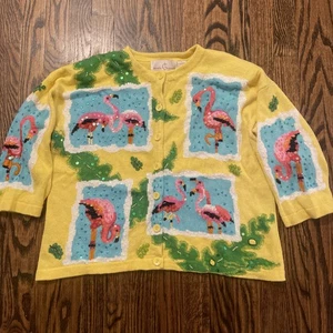 JANES CLOSET MUJER SUÉTER AMARILLO CON FLAMENCOS TALLA L Cárdigan Cuentas - Imagen 1 de 9