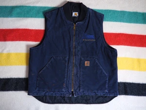 VTG 90s Carhartt Faded Navy Blue Zip Canvas Logo Lined Grunge Vest Mens XL - Picture 1 of 10