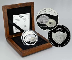 PALAU 5 Dollars 2006 Silver Proof 'Marine-Life Protection' with Real Black Pearl - Picture 1 of 6