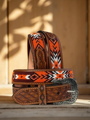 Beaded Western Belt Cowboy Rodeo Full Grain Leather Hand Tooled Removable Buckle - Image 1 of 4