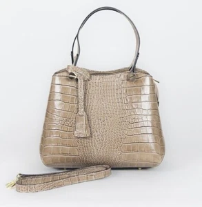 Italian Genuine Leather Shoulder Bag Crocodile Print   - Grey Taupe - Picture 1 of 8