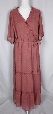 Womens Maxi Dress L XL Rose Nude Swiss Dot Tiered Boho Cottagecore Romantic NEW - Image 1 of 4