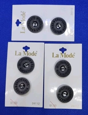 Lot of 3 La Mode Buttons on Card "Militaires Equipments" Silver Tone Round 7/8" - Image 1 of 3