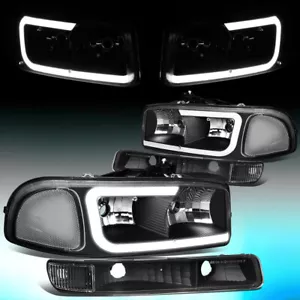 FOR 1999-2007 GMC SIERRA/YUKON PAIR LED DRL HEADLIGHT+BUMPER LAMPS BLACK/CLEAR - Picture 1 of 8