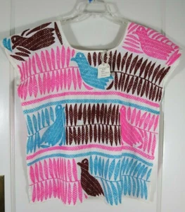 Mexican Guerrero Huipil Top Blue Pink Brown Embroidered Birds Ferns Size XL XXL - Picture 1 of 10