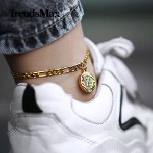 Gold Plated Letter A-Z Charm Foot Anklet Bracelet Stainless Steel Figaro Chain - Picture 1 of 36