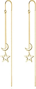 Solid 925 Sterling Silver Moon Star Threader Dangle Earrings Chain for Women Tee - Picture 1 of 7