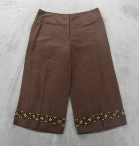 Karen Kane Linen Wide-Leg Capri Pants Women's 10 Brown Beaded Mid-Rise - Picture 1 of 11