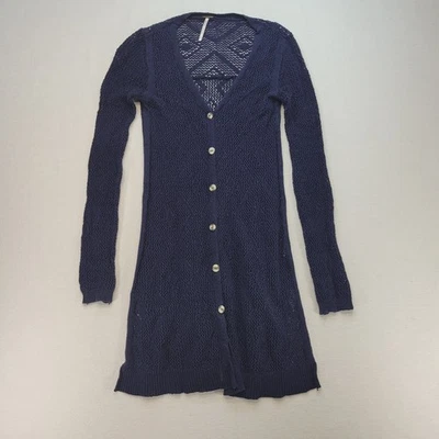 Free People Sweater Womens Small Navy Blue Crochet Open Knit Long Cardigan Boho - Image 1 of 4