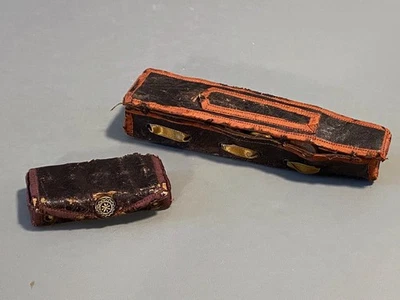 PAIR Antique Bronzed Leather Spool Holder Sewing Kit Case Thread Needle Case - Image 1 of 4