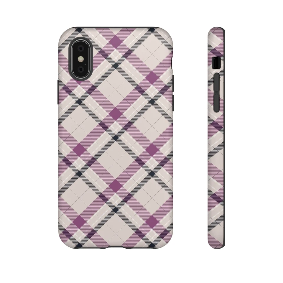 Plum Tartan Plaid Phone Case - Neutral Beige & Purple Checkered Pattern, Modern - Image 1 of 1