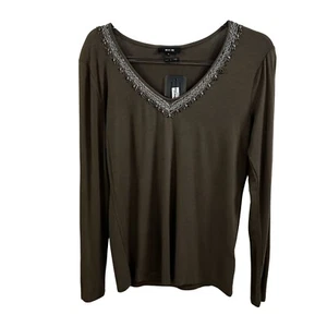 NWT Miss Me Womens S Olive Green Henley Long Sleeve Top Scoop Neck Embellished - Picture 1 of 16
