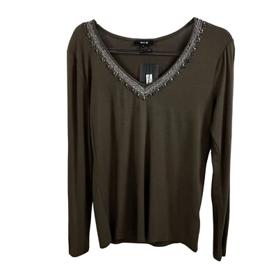 NWT Miss Me Womens S Olive Green Henley Long Sleeve Top Scoop Neck Embellished - Image 1 of 4