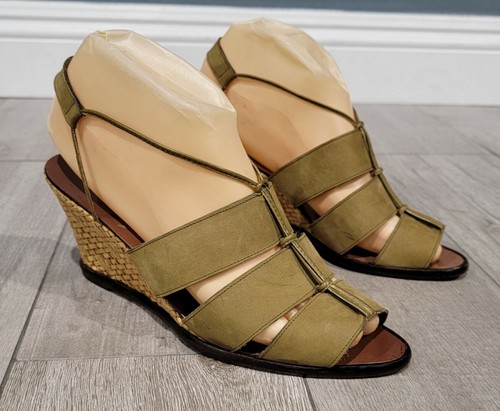 JORDAN Sandali vintage CHARLES JOURDAN verde paglia tessuto pelle zeppa 7 5M