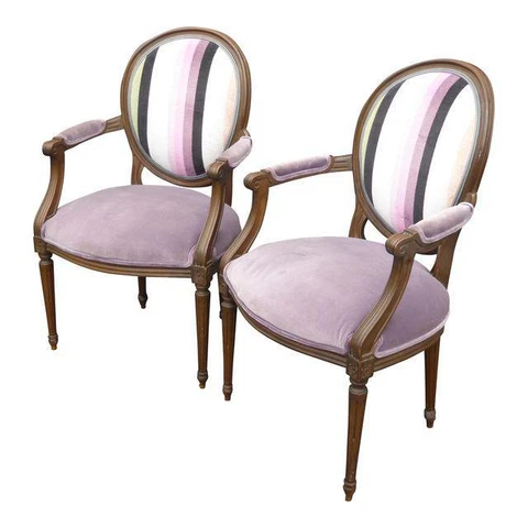 Pair Vintage Baker Furniture Co. French Bergere Purple Striped Arm Chairs Cover
