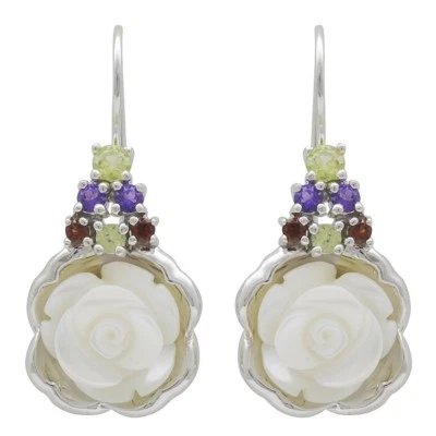 Orecchini Pendenti Rosa Perla Amatista Granato Peridoto 925 Argento, Donna - Immagine 1 di 2