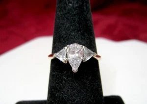 14K YELLOW GOLD PEAR CUT DIAMOND W/TRILLION CUT ACCENT ENGAGEMENT RING SIZE 6.25 - Picture 1 of 11
