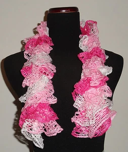 Youth Handmade Knitted Pink & White Ruffle Ruffled Scarf Like Tie Dye Dyed Lace - Picture 1 of 3