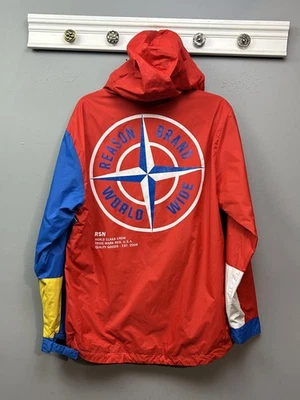 Reason Brand Jacket Mens Medium Red Blue Hooded Pullover Windbreaker Colorblock - Image 1 of 4