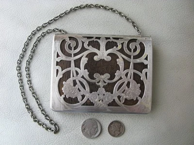 Antique Art Nouveau Floral Silver Card Case Leather Spring Load Wallet Purse #1 - Image 1 of 4