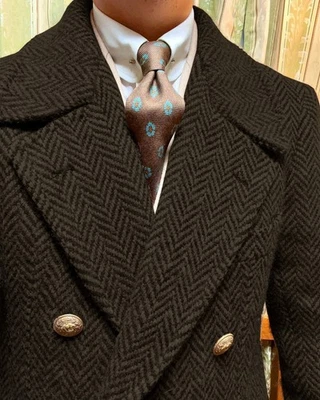 Herringbone Wool Blend Tweed Men Overcoat Long Coats Double Breasted Notch Lapel - Image 1 of 4