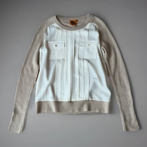 Tory Burch Ribbed Cashmere Sweater Silk Pleated Front *Flaw Women's Medium - Picture 1 of 7