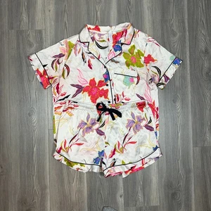 Stars Above White Satin Pajama Set Floral Short Sleeve Top & Shorts Women’s SZ L - Picture 1 of 9
