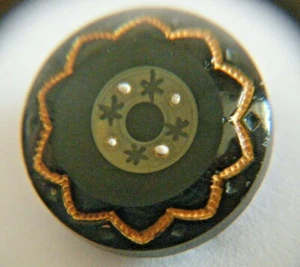 Antique Victorian black glass button  gold encrusted &enamel floral dots stars - Picture 1 of 3