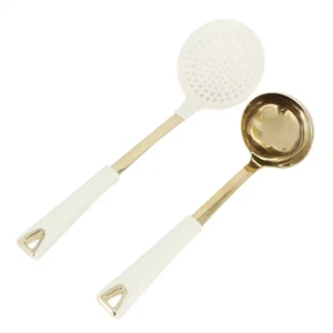 Lockton 2 Piece Stainless Steel Skimmer & Ladle Kitchen Tool Set in Linen W/Gold - Picture 1 of 12